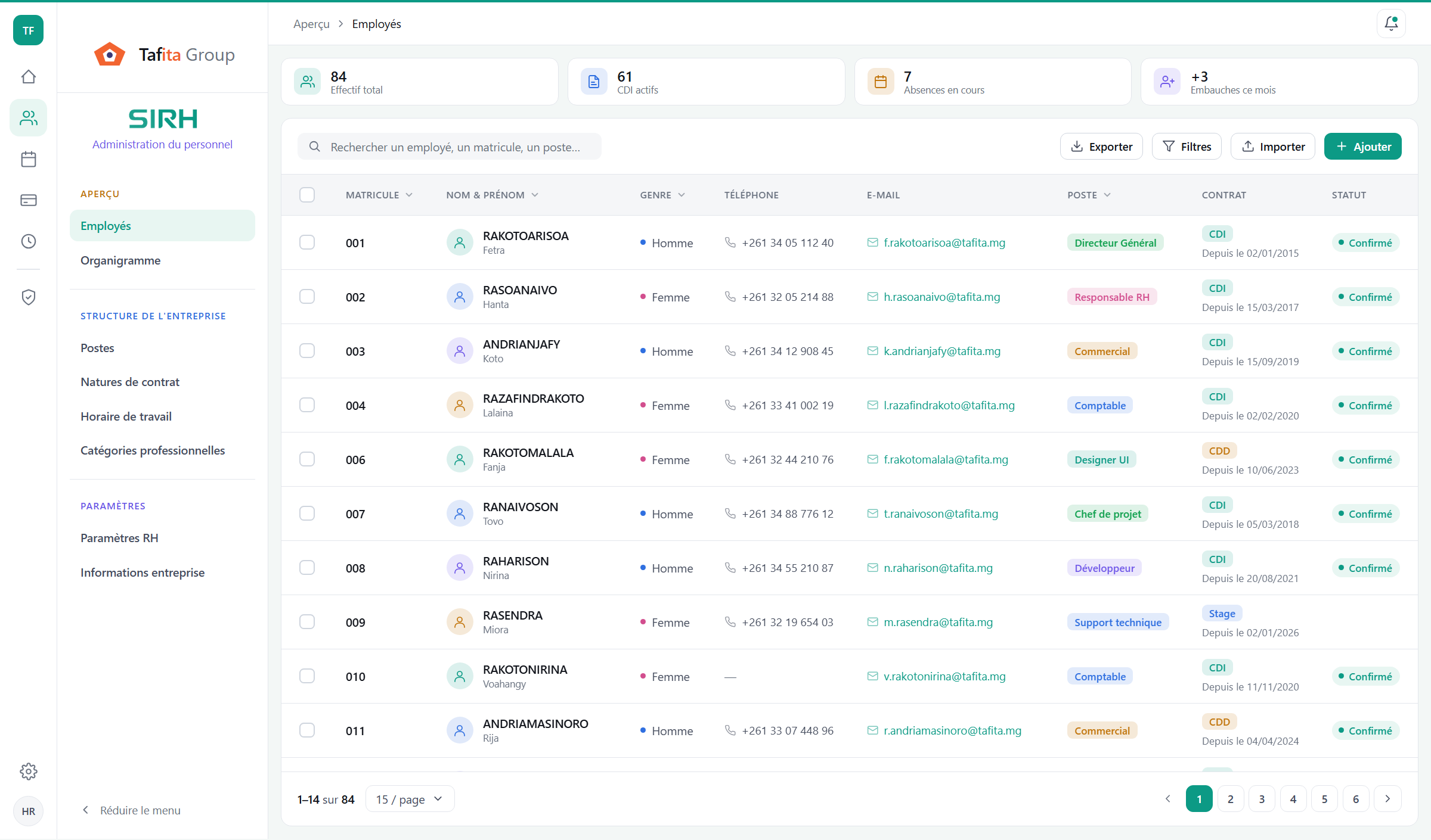 Interface SIRH - écran de gestion des employés